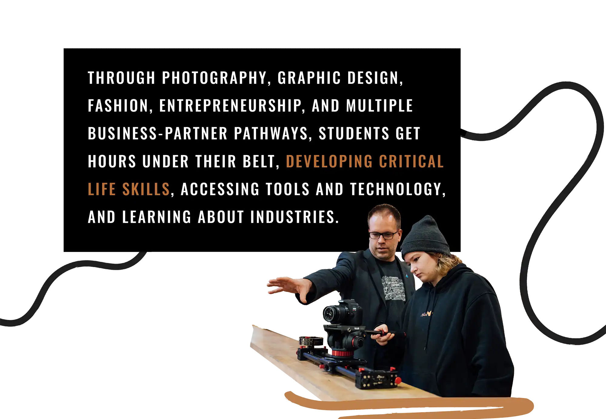 Through photography, graphic design, fashion, entrepreneurship and multiple business partner pathways, students get hours under their belt, developing critical life skills, accessing tools and technology and learning about industries